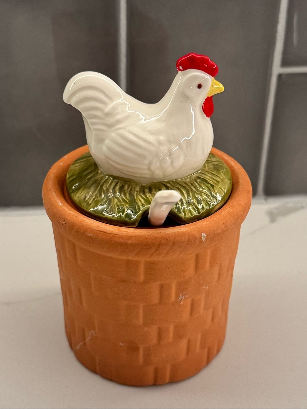 White Ceramic Hen Honey or Sugar Pot